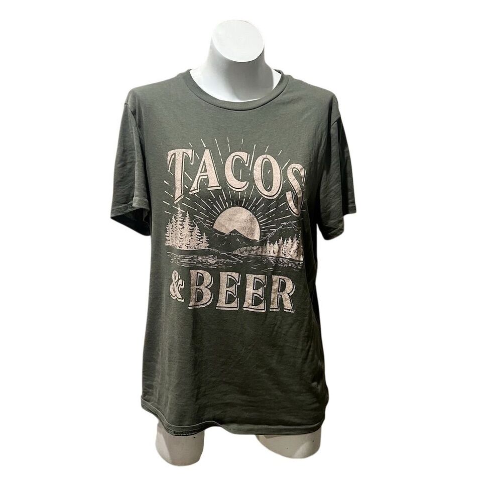 Men's Olive Green Tacos & Beer Graphic Tee Size M Crew Neck T-Shirt